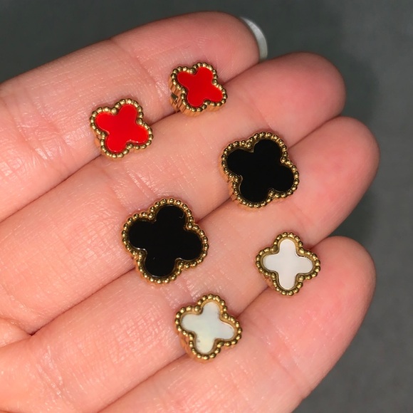 3 Gold Clover Earring Set (Red, Black, and Opal) - Picture 3 of 17